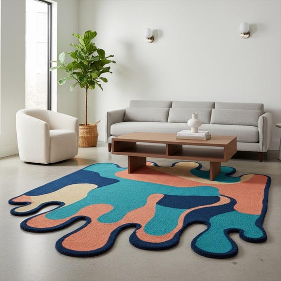 Blue Orange Irregular Hand Tufted Rug, Abstract Melting Design Wool Area Rugs for Bedroom