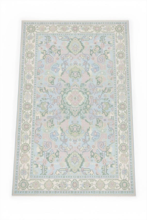 Pastel Blue Colorful Floral Oushak Rug, Traditional Hand Knotted Wool Area Rug For Bedroom, 5x8 6x9 8x10 Living Room Rug, Kitchen Runner Rug