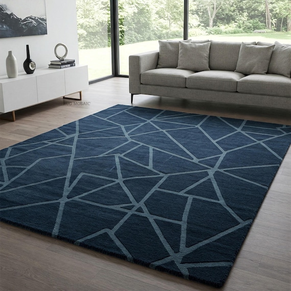 Deep Navy Blue Hand Tufted Rug Mute Blue Geometric Line Abstract Area Rugs 5x7, 6x9, 8x10, 9x12, 10x14 Living room Handmade Wool Rug Runner