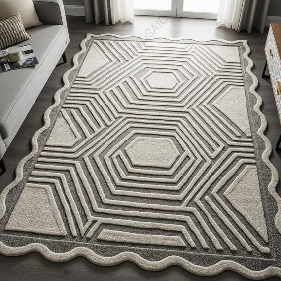 Off White Gray Colored Abstract Hand Tufted Wool Rug, Modern Geometric Hexagon Pattern Scalloped Edge Textured Rugs for Bedroom Living Room