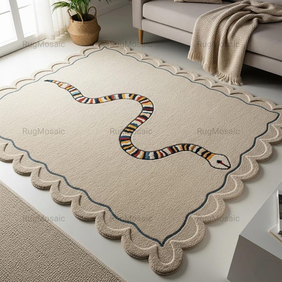 Light Beige Scalloped Bordered Hand Tufted Wool Rugs, Modern Colorful Stripped Snake Design Living Room Carpet, Custom Handmade Bedroom Rug
