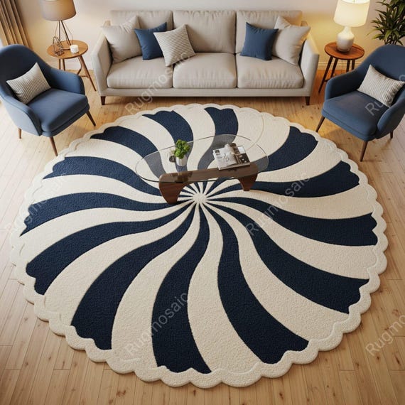 Blue Off White Round Hand Tufted Sunburst Stripe Pattern Rugs for Living Room, Modern Scallop Border Unique Design Home Decor Kids Room Rug