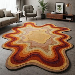 May include: A large, abstract area rug with a wavy, organic shape. The rug features a multi-coloured design with shades of orange, red, brown, and beige. The rug has a textured, hand-woven look.