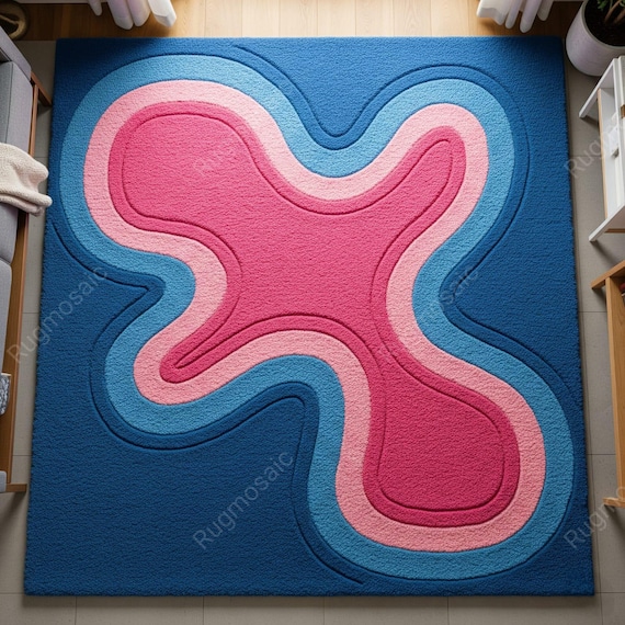 Blue Pink Abstract Hand Tufted Wavy Design Wool Area Rugs for Living Room, Modern Contemporary Soft Textured Kids Room Rug, Designer Carepts