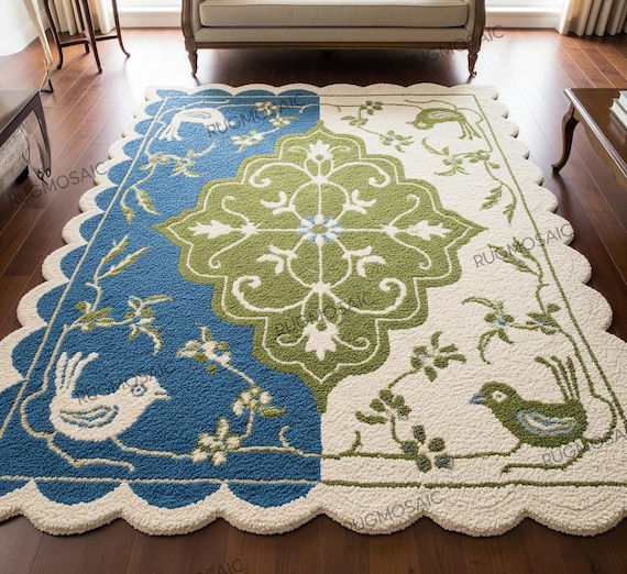 Colorful Hand Tufted Floral Bird Rug, Modern Scalloped Border Wool Rugs for Bedroom, Handmade Medallion Design Area Rugs, Custom Dining Rug