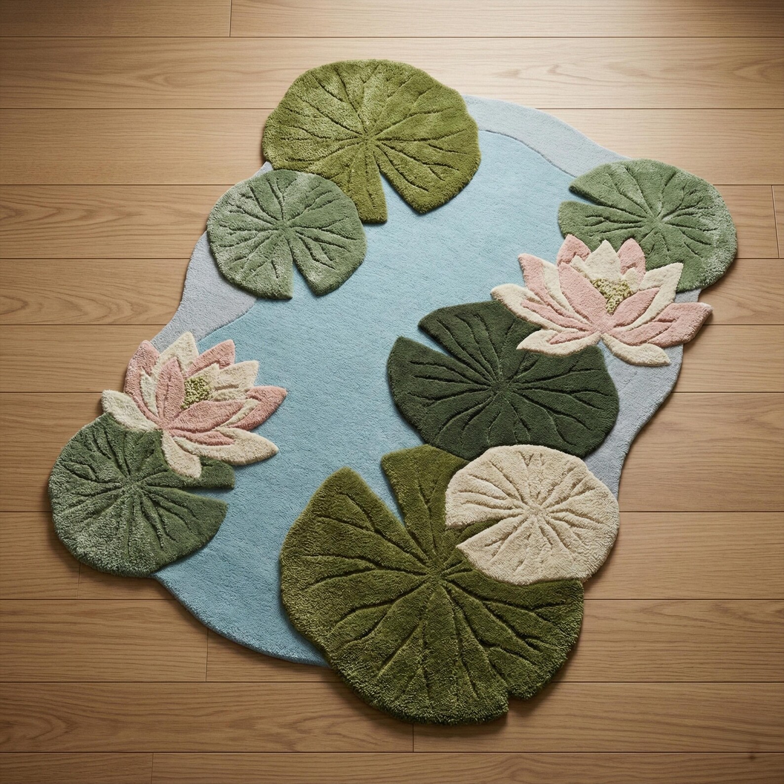 Lilly Rose Rug Moss Green Blue Lily Pad Wool Rug, Floral Hand Tufted 3D Textured Area ...