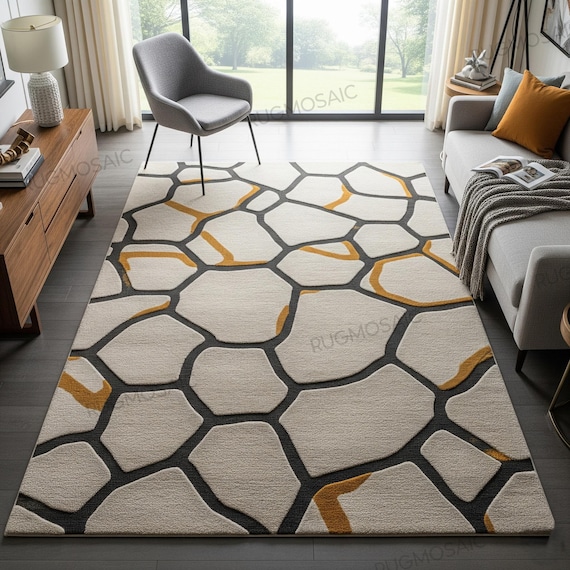 Beige Grey Modern Geometric Hand Tufted Mustard Yellow Wool Area Rugs for Kids Room, Abstract Minimalist Design Custom Floor Living Room Rug