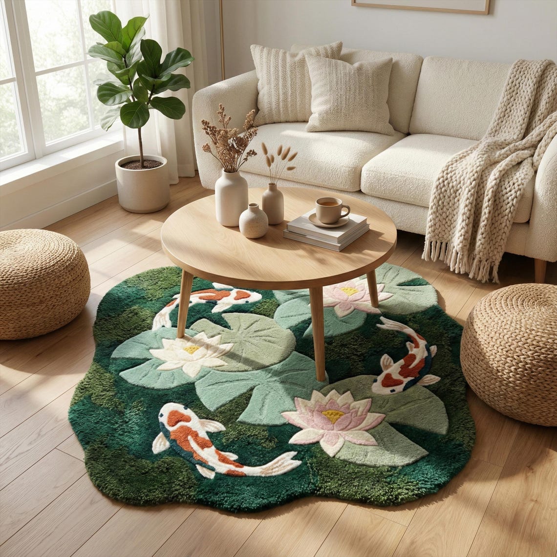 Pond Rug Abstract Moss Green Koi Fish Floral Wool Rug, Irregular Hand Tufted Nature Pond ...