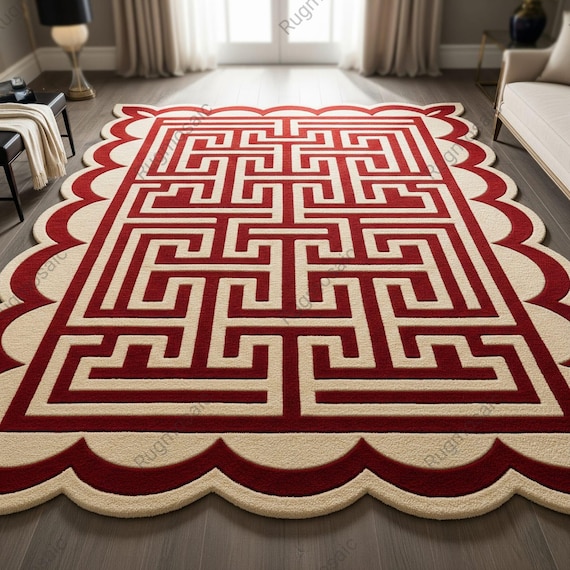 Red Off White Geometric Hand Tufted Scallop Border Wool Area Rugs for Living Room, Modern Luxury Home Decor Kids Room Rug, Decorative Carpet