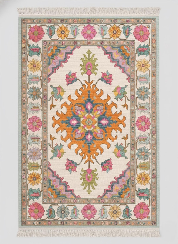 Hand Knotted Wool Oushak Rug, Ivory Floral Medallion, Turkish Carpet