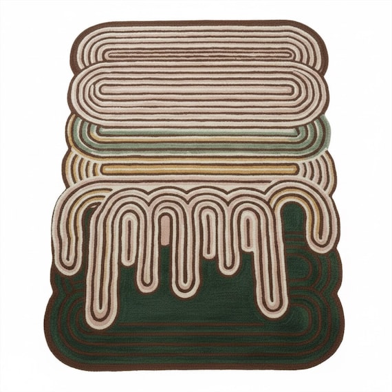 Forest Green Pink Hand Tufted Wool Rug, Abstract Melting Rounded Border Bedroom Area Rugs