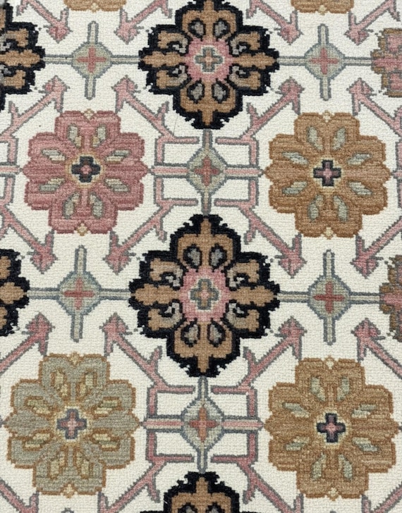 Ivory Colorful Floral Oushak Rug, Geometric Traditional Hand Knotted Wool Area Rug For Bedroom, 6x9 8x10 Living Room Rug, Kitchen Runner Rug