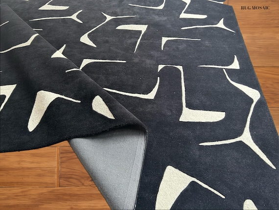 Hand Tufted Black and White Geometric Tufted Wool Rugs for Living Room 8x10 Large Area Rug for bedroom