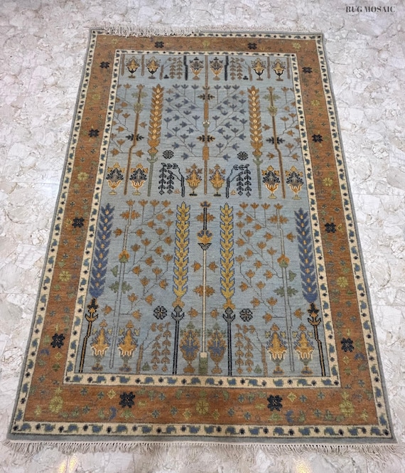 Beige and Blue Turkish Oushak Hand Knotted Contemporary rug 4x6, 5x8, 6x9, 8x10, 9x12, 10x14 ft Handmade Wool Rugs for Living Room