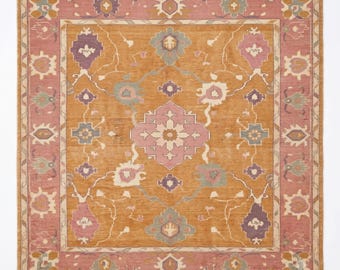 Hand Knotted Oushak Wool Rug, Gold Pink Vintage Turkish Rug, Traditional Floral Medallion Area Rug, Antique Inspired Wool Carpet