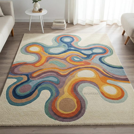 Light Beige Abstract Colorful Amoeba Design Hand Tufted Irregular Wool Area Rug, Modern Organic Shaped Living Room 8x10 9x12 Handmade Rugs