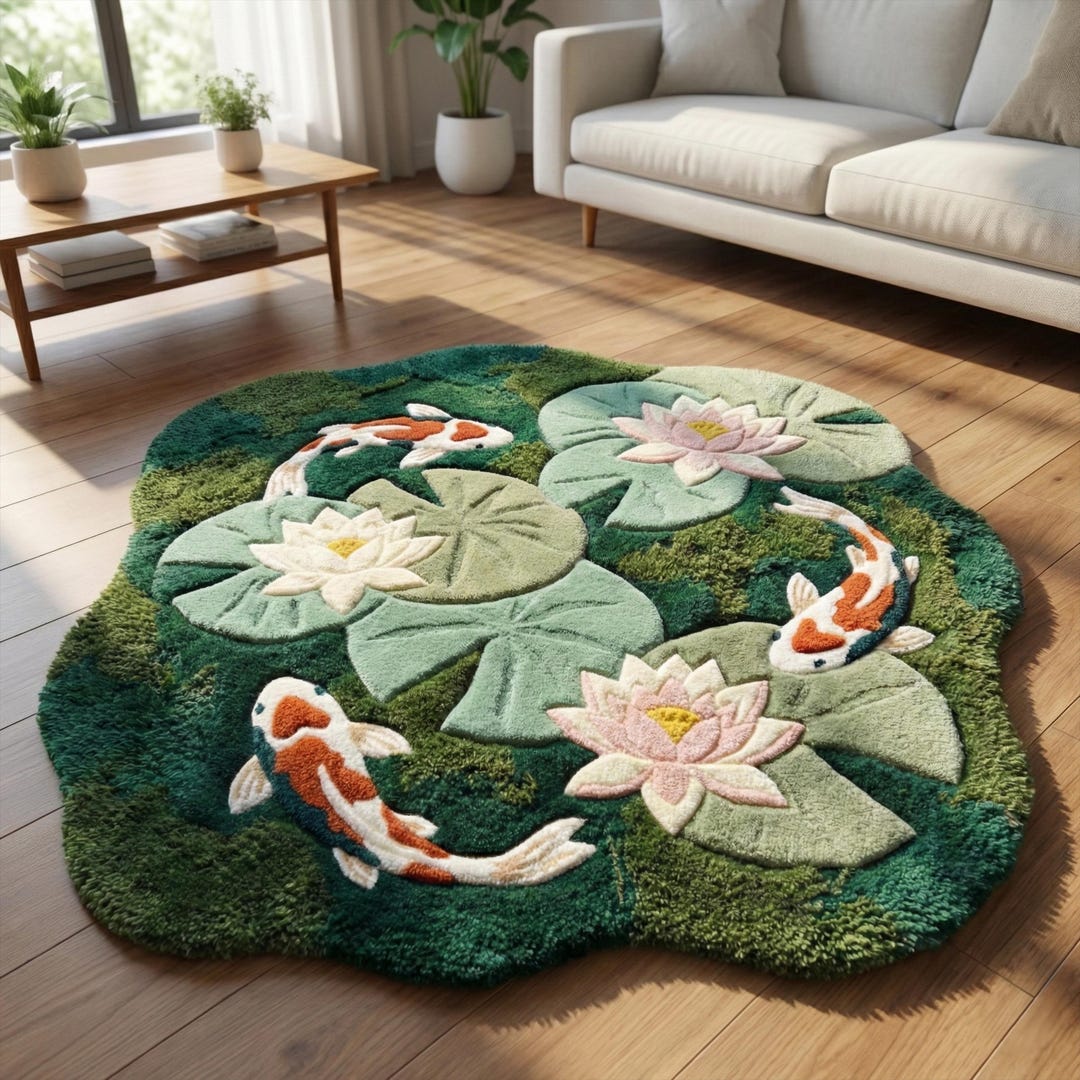 Pond Colors Rug Moss Green Koi Fish Floral Wool Rug, Irregular Hand Tufted Nature Pond ...
