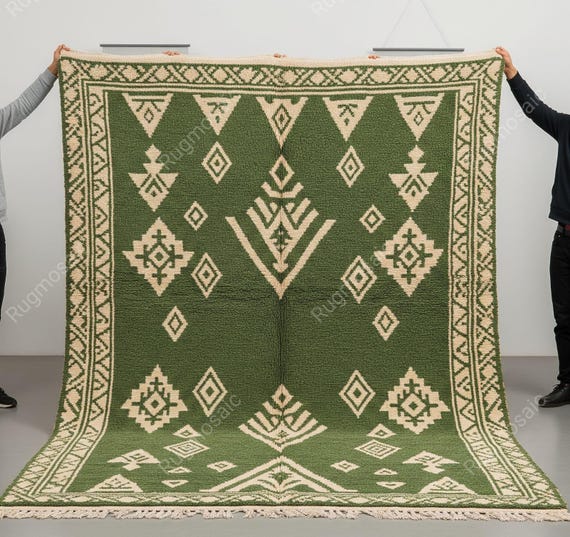 Olive Green Off White Tribal Pattern Hannd Kotted Moroccan Wool Area Rugs for Living Room, Modern Geometric Custom Size Dining Room Carpets