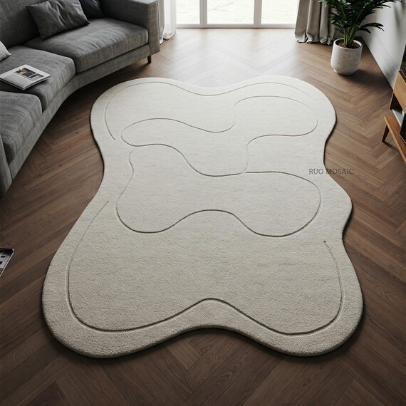 Weißer unregelmäßiger handgetufteter Wollteppich, moderne handgemachte Teppiche für das Wohnzimmer