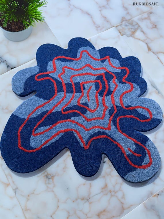Blue Irregular Modern Hand Tufted Amoeba Shape Wool Area Rug for Kids Room, 8x10 Abstract Wavy Red Accent Swirling Design Custom Bedroom Rug
