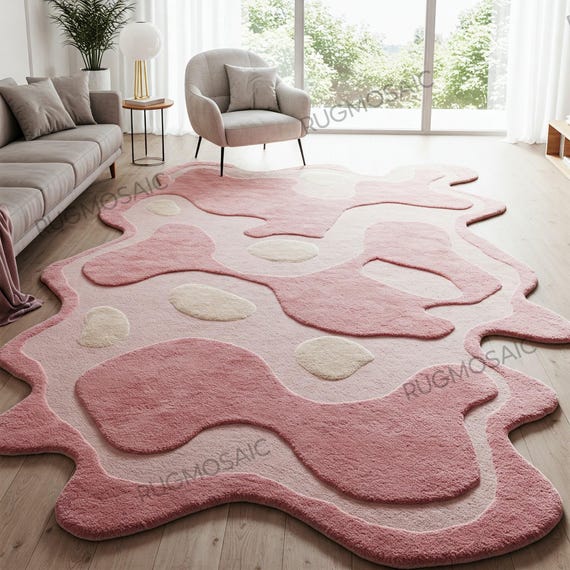 Soft Pink Modern Irregular Amoeba Shape Hand Tufted Organic Wool Area Rug Kids Room, Abstract Layered Cream Accent Custom Floor Bedroom Rugs