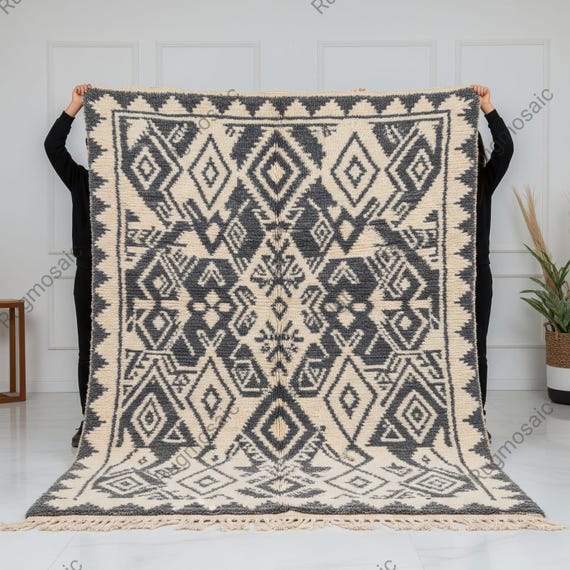 Off White Grey Geometric Hand Knotted Moroccan Rugs for Bedroom, Modern Artistic Diamond Pattern Living Room Rug, Custom Handmade Carpets
