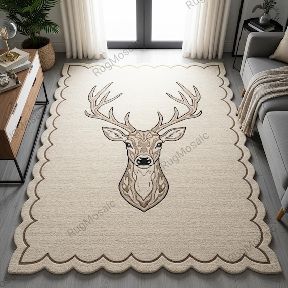 Light Beige Dear Face Scalloped Border Hand Tufted Wool Rugs For Bedroom, Unique Animal Print 8x10 Living Room Rug, Modern Guest Room Carpet