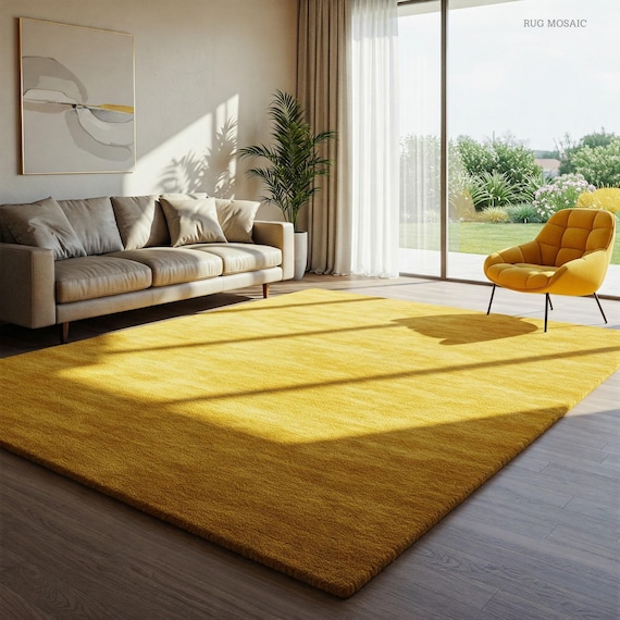Mustard Yellow Hand Tufted Wool Rug, Solid Handmade Modern Area Rugs for Living Room