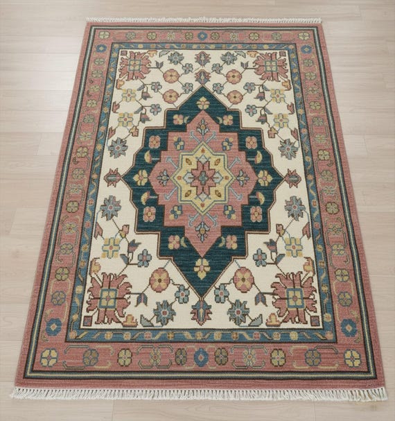 Hand Knotted Oushak Wool Rug, Ivory, Navy, and Pink Medallion, Oriental Rug