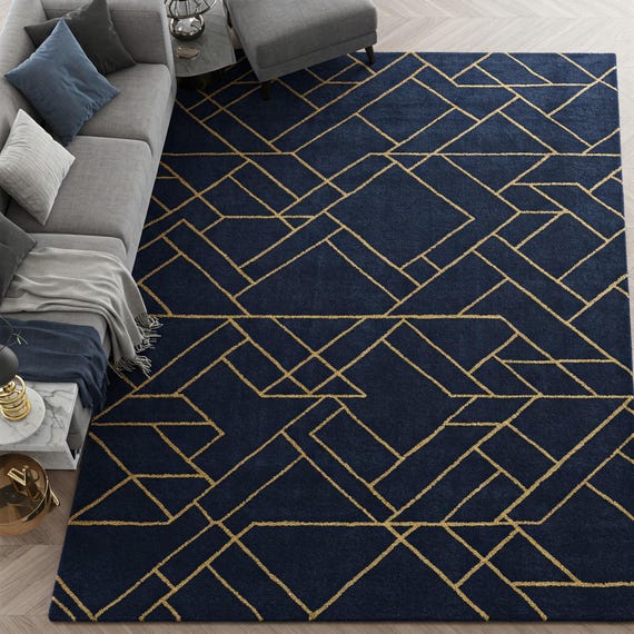Deep Blue and Gold Tufted rug Modern Art Deco Lines Geometric Contemporary rug for Living room Handmade Custom Area Wool rugs 8x10, 9x12