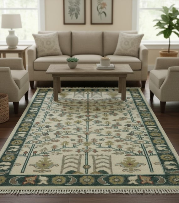 Ivory Sage Green Tree of Life Oushak Rug, Hand Knotted Turkish Oriental Wool Rug