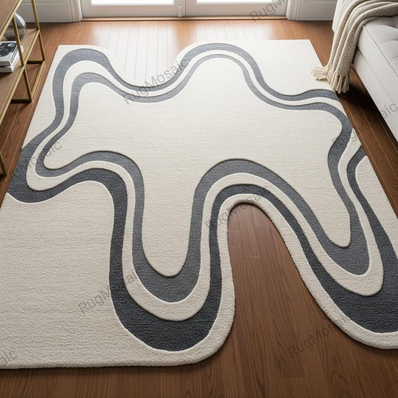 Off White Dark Grey Irregular Abstract Hand Tufted Wool Rugs For Bedroom, Modern Wavy Textured 8x10 Living Room Rug, Custom Dining Area Rugs