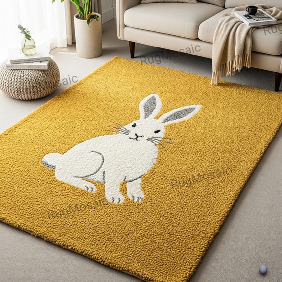 Mustard Yellow White Rabbit Design Hand Tufted Wool Rug For Playroom, Unique Animal Print 8x10 9x12 Living Room Rug, Modern Kids Room Carpet