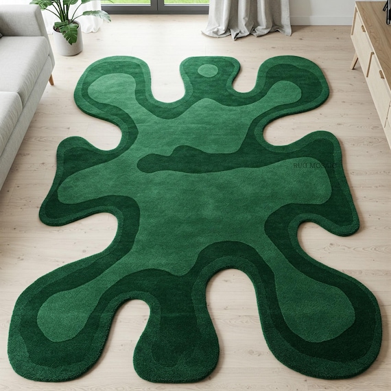 Green Hand tufted rug Modern abstract irregular Leaf design Living room Area rug 5x7, Handmade Sculpted moss green tufted rug for home decor