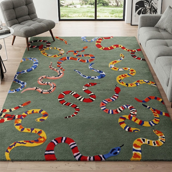 Olive Green Hand Tufted Colorful Snake Tufted Rug for Nursery 8x10 Whimsical Rug Rectangle Modern Area Rugs 5x7, 9x12 Living room Carpet