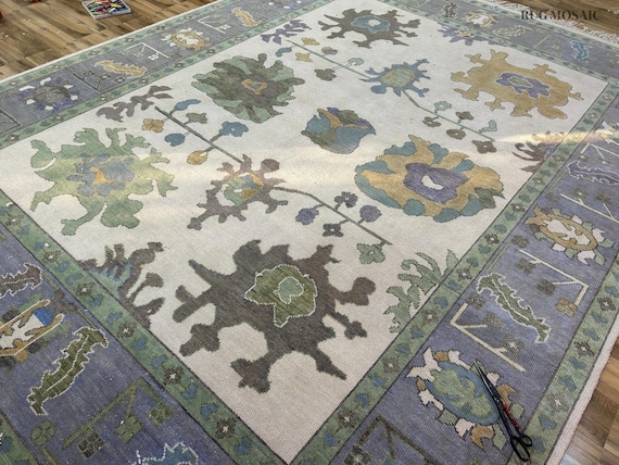 Modern Green Oushak Rug Beautiful Area Rug Soft Beige Colorful Rug Hand Knotted Wool Rugs Home and Living Dining Bedroom 8x10, 9x12
