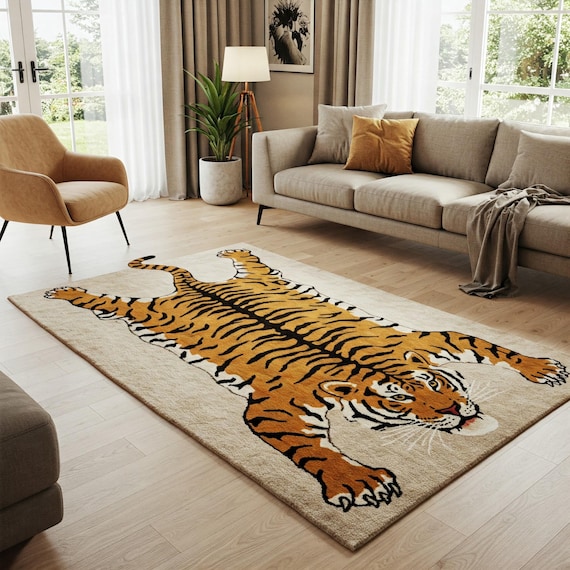 Bengal Tiger Hand Tufted Wool Rug 6x9, 9x12 Vibrant Orange and Black, Off-white Background Custom Animal Tiger Rugs for Living room, Bedroom