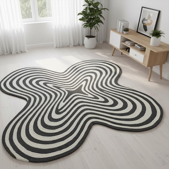 Hand Tufted Wool Rug, Black and Cream Optical Illusion, Irregular Shape