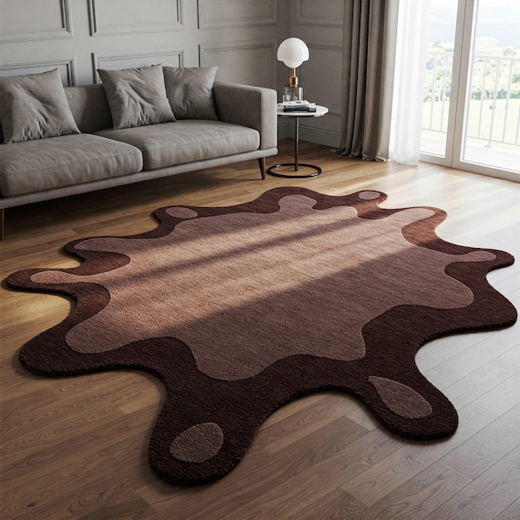 Irregular Light Dark Brown Amoeba Shape Hand Tufted Organic Wool Rug for Living Room, Modern Abstract Melting Design Custom Area Bedroom Rug