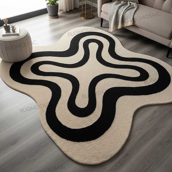 Ivory Black Irregular Hand Tufted Amoeba Shape Wool Rug for Kids Room, Modern Abstract Wavy Design 8x10 Bedroom Rugs, Unique Area Carpet