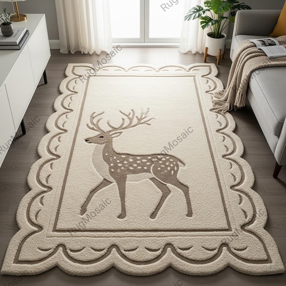Cream Brown Deer Design Hand Tufted Scalloped Edge Wool Area Rugs For Living Room, Modern Animal Print 8x10 9x12 Bedroom Carpet, Custom Rugs
