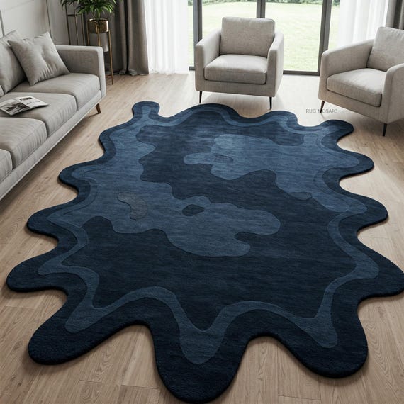 Abstract Deep Blue Irregular Hand Tufted Amoeba Shape Custom Wool Area Rug Living Room Modern Melting Design Contemporary 8x10 Bedroom Rugs