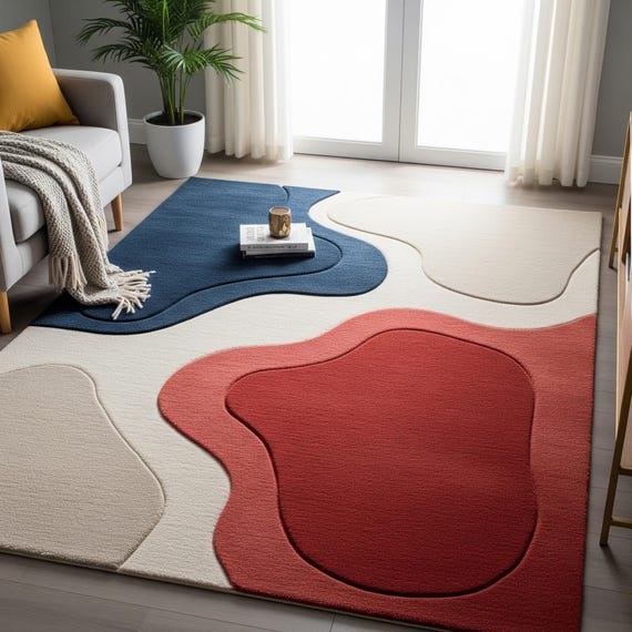 Colorful Abstract Blob Hand Tufted Wool Rugs For Bedroom, Modern 5x8 6x9 8x10 Living Room Rug, Custom Handmade Kitchen Runner Rug