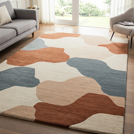 Modern Colorful Hand Tufted Organic Shape Soft Wool Area Rug for Living Room, Abstract Contemporary Rectangular Custom Floor Bedroom Rug 6x9