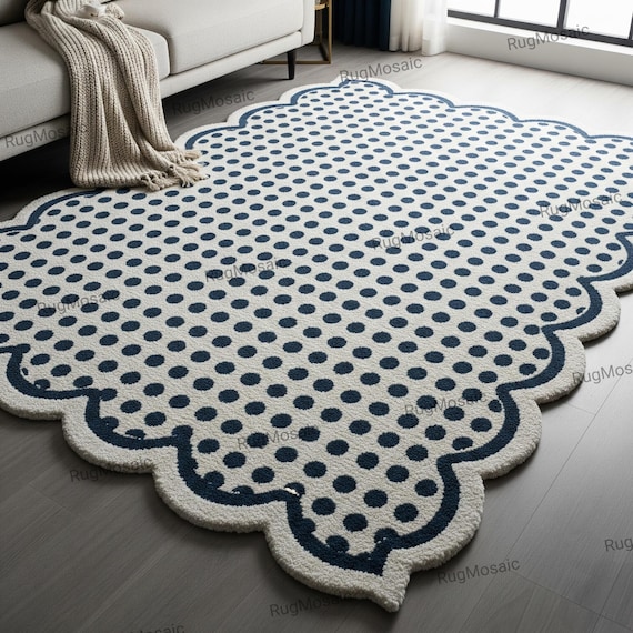 Ivory Navy Blue Polka Dot Hand Tufted Scalloped Border Hand Tufted 8x10 Bedroom Rugs, Modern Textured 8x10 9x12 Area Carpet For Living Room