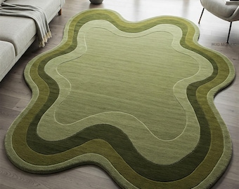 Green Irregular Abstract Wool Rug, Hand Tufted Wavy Layered Area Rugs for Living Room