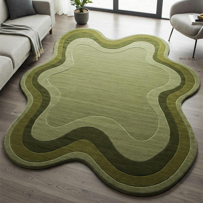 Hand Tufted Green Wool Rug, Irregular Organic Shape, Modern Abstract ...