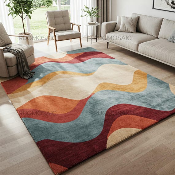 Modern Colorful Wavy Design Hand Tufted Soft Wool Area Rugs for Living Room, Abstract Layered Unique Handmade Floor Art Custom Bedroom Rug