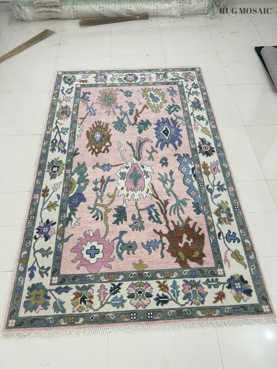 Soft Pink Ivory Oushak Wool Hand Knotted Custom Floral Turkish Area Bedroom Rug 8x10, Modern Colorful Contemporary 5x7 9x12 Handmade Carpet