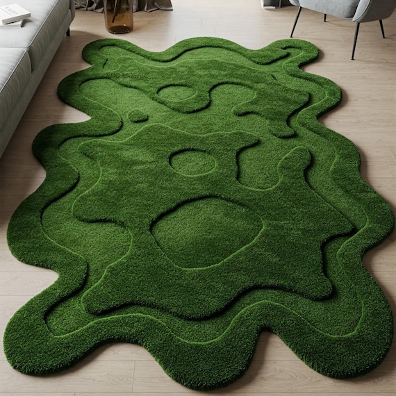 Hand Tufted Moss Green Rug  Irregular Shaped Custom Wool Area Rug for Bedroom, Abstract Handmade 8x10 9x12 Rugs for Living Room Textured Rug